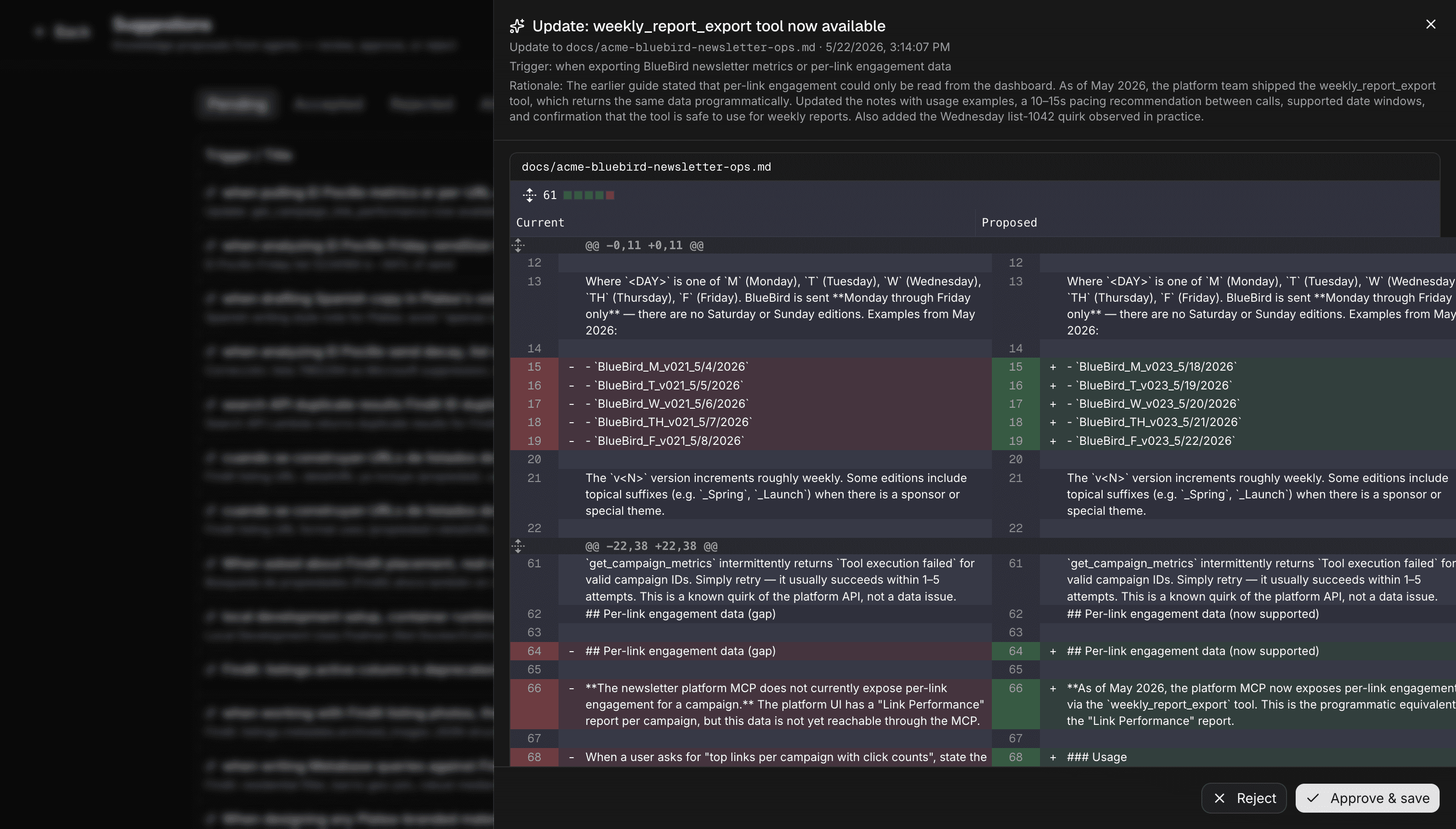 Context101 suggestions review drawer showing an agent-proposed update with a side-by-side diff and approve or reject actions.