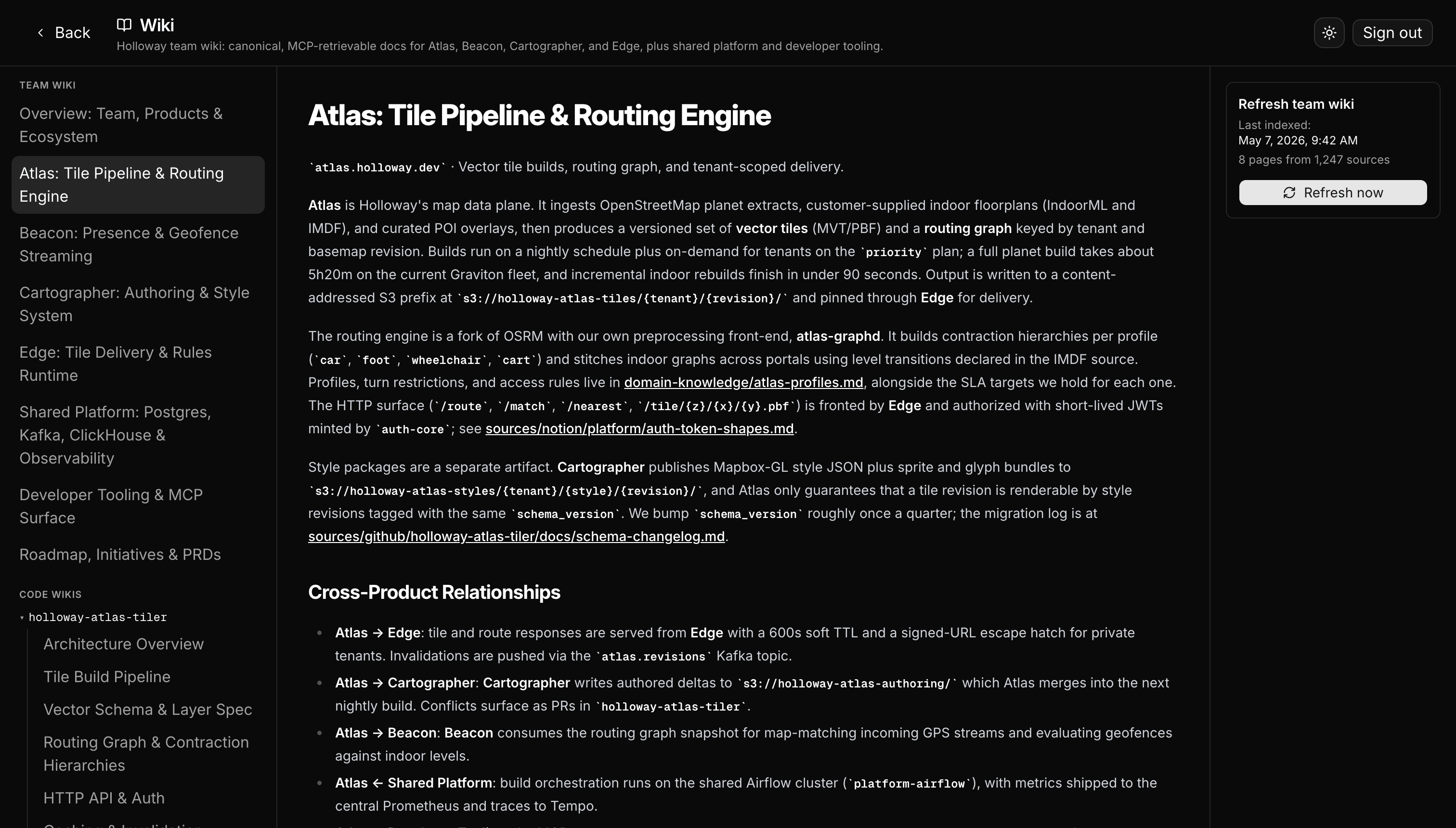 Context101 generated wiki page showing synthesized prose, source citations, a Mermaid diagram, and code wiki navigation.